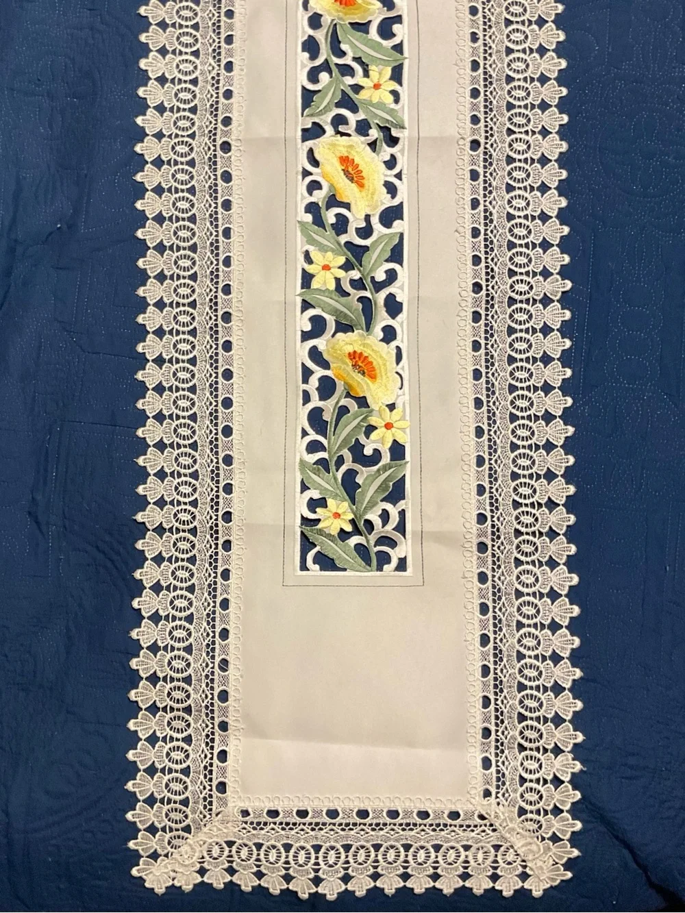Cream Embroidered Floral Table Runner Cutout Lace - Yellow Flower Detail 50”